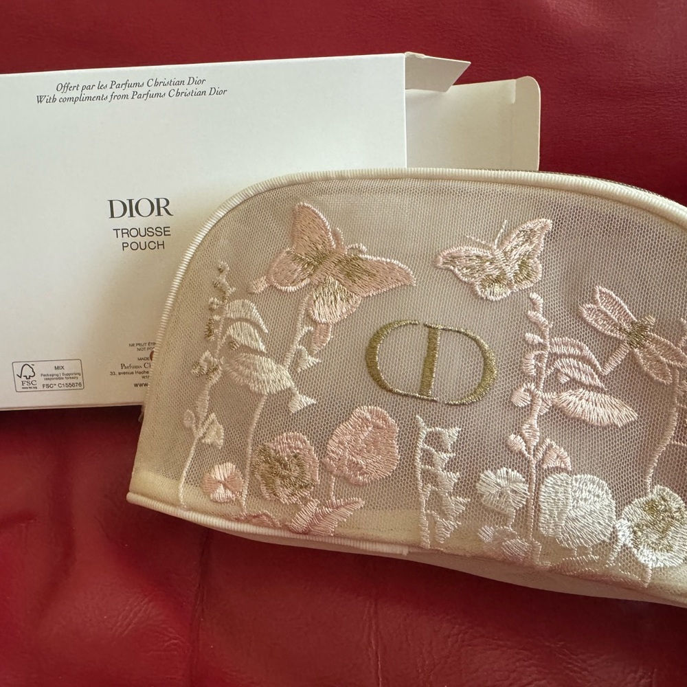 Dior Women's Pink and Cream Embroidered Cosmetic Pouch